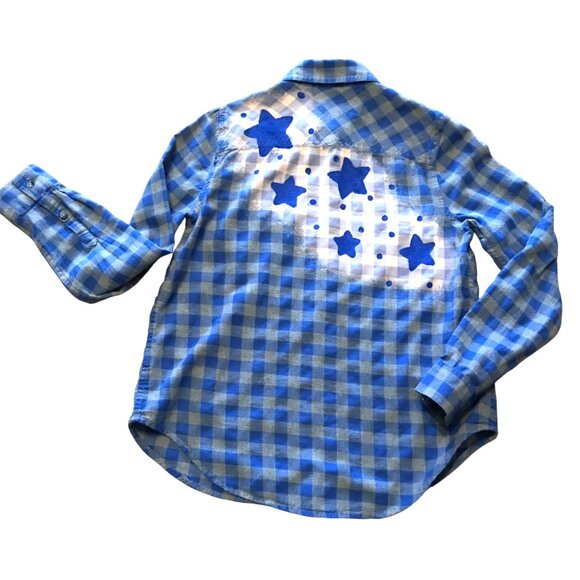 Upcycled Bleached Flannel Shirt, Women’s Size Small: Blue Plaid Stars Western - Picture 1 of 9